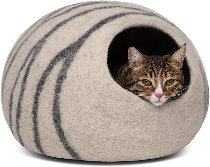 MEOWFIA Cat Cave – Premium Felt Cat Bed for Indoor Cats, Handmade 100% Merino Wool (Light Shades) (Medium, Light Grey)