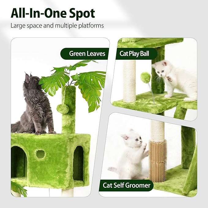 65in Tall Cat Tree with Leaves for Indoor Cats, Green Cat Tower with Scratching Post,Hanging Hammock,Cozy Perch,Swing Ball,Self Groomer and Cat Ladder,Cat Tree Tower