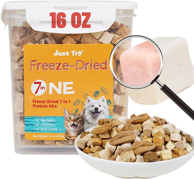 Just Try 16OZ Freeze-Dried Dog Teats Mix for Dogs & Cats - Chicken, Duck, Salmon, Cod, Liver & Heart - Grain-Free, Training & Treats