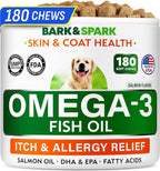 BARK&SPARK Omega 3 for Dogs - 180 Fish Oil Treats for Dog Shedding, Skin Allergy, Itch Relief, Hot Spots Treatment - Joint Health - Skin and Coat Supplement - EPA & DHA Fatty Acids - Salmon Oil