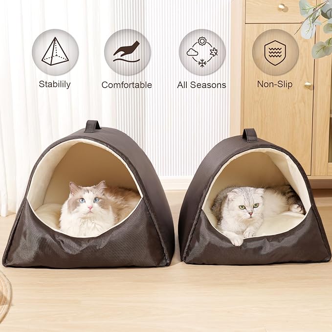 Cat Beds for Indoor Cats, Cat Cave for Large Cats and Small Pets, Memory Foam Cat House Tent with Removable Washable Cushioned Pillow, Cat Hideaway with Non-Slip Bottom, Coffee, Large