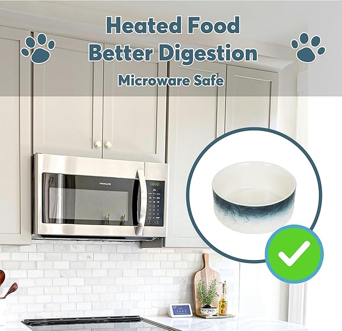 YOBRO Elegant Dog Bowls Set for Medium Dogs, Beautiful Ceramic Stone Alike Style, Pet Bowl Set with Wooden Stand, Non-Slip, Modern Food or Water Breeds Dishs, Gifts for Dog Owners, Blue