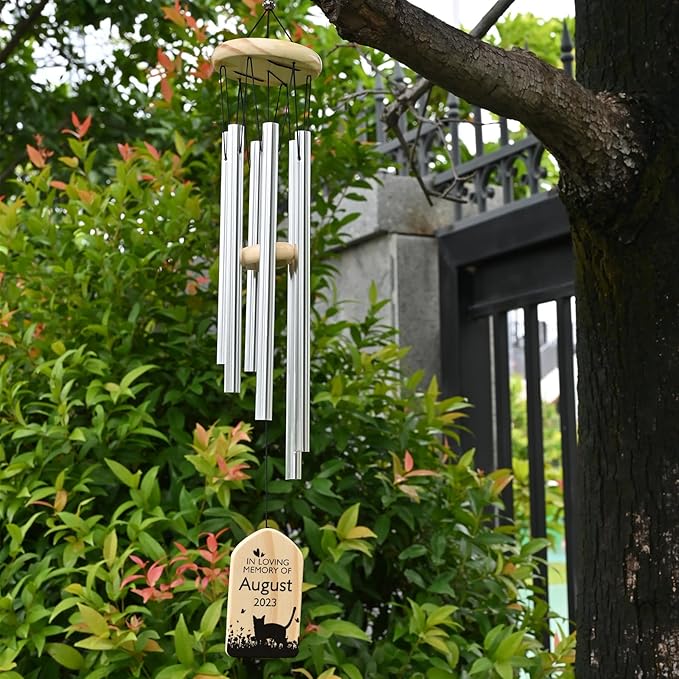 Personalized Pet Loss Wind Chime, Cat Bereavement Gift, In Memory of Cat, Silver Rustproof Wind Chime, 25.6 Inches