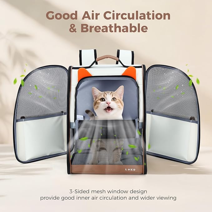 Lekereise Cat Backpack Carrier, Pet Carrier Backpack for Small Dogs Medium Cats Fit Up to 18 Lbs, Dogs Foldable Backpack Carrier for Travel, Hiking, Beige-Orange Ears