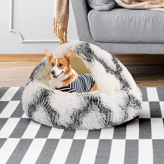 Round Hooded Cat Bed & Dog Bed with Cover Cave, Dog Bed for Small Dogs, Faux Fur Cuddler Round Coved Cat Bed Self Warming Donut Dog Bed Fits up to 12 lbs Pets (Grey White, 20inch x 20inch)