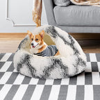 Round Hooded Cat Bed & Dog Bed with Cover Cave, Dog Bed for Small Dogs, Faux Fur Cuddler Round Coved Cat Bed Self Warming Donut Dog Bed Fits up to 5 lbs Pets (Grey White, 16inch x 16inch)