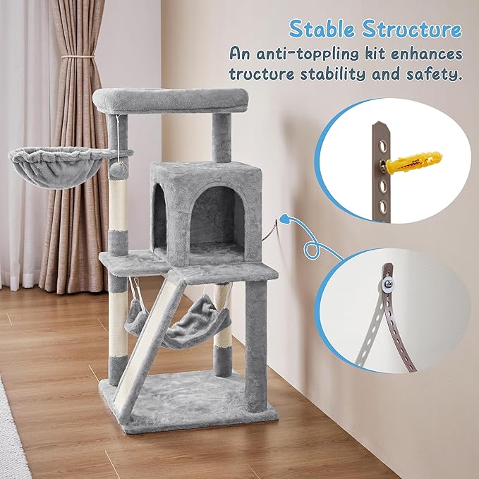 Yaheetech Cat Tree Tower, 40-Inch Condo with Hammock, Oversized Soft Platform, Scratching Board, Basket, Pet Beds & Furniture for Large Kittens, Light Gray