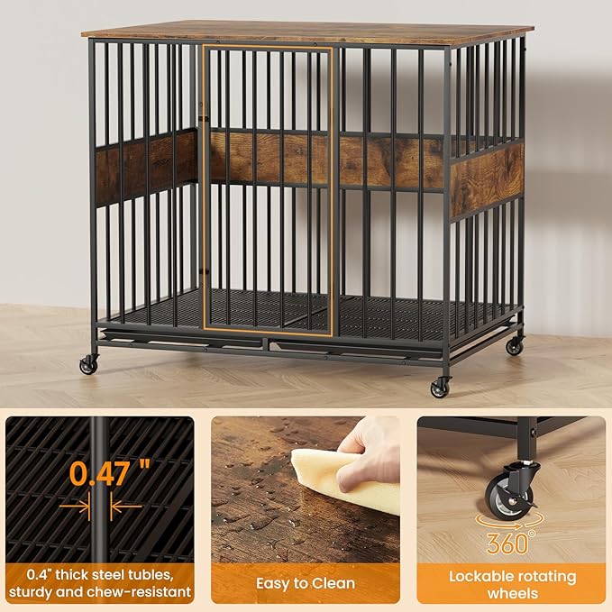 Dog Crate Furniture for Extra Large Dogs, 47 Inch Indoor Kennel, Wooden Pet Cage Decorative Corner End Table with Caster Wheels & Double Removable Tray,Rustic Brown