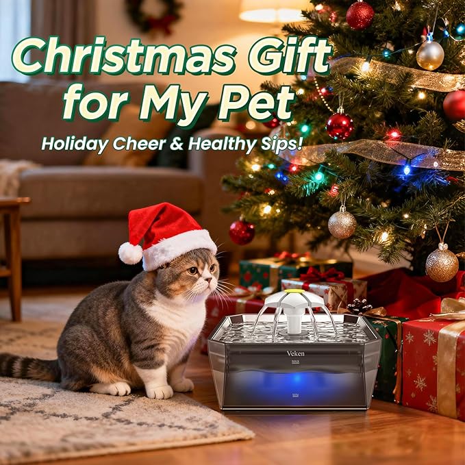 Veken Award-Winning Small Pet-Friendly Cat Water Fountain with Stainless Steel Lid & Quiet Pump, Easy to Clean & Assemble, 50oz Mini Water Dispenser Gifts for Christmas, Cats and Small Animals, Silver