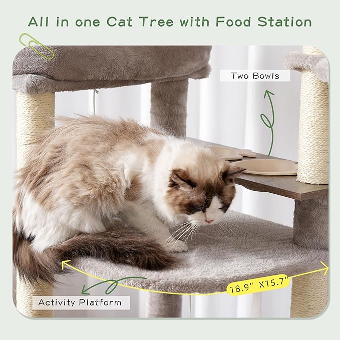Cat Tree with Tunnel, Cat Tower for Indoor Cats, Tall Cat Tree Tower with Cat Condo, Food Station, Large Platform, Scratching Posts, Hammock, Light Gray GCT021W
