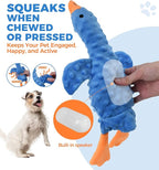 Squeaky Plush Dog Toy for All Breeds, Multifunctional Goose Dog Toy with Honking Sound, Crinkle Paper, Treat Pocket, Durable Soft Stuffed Animal for Chewing, Cuddling, Interactive Play (Blue)