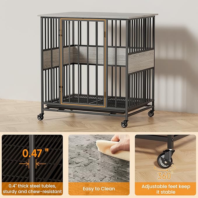 Dog Crate Furniture for Small Dogs, 31 Inch Indoor Puppy Kennel, Wooden Pet Cage Decorative Corner End Table with Caster Wheels & Removable Tray, Greige