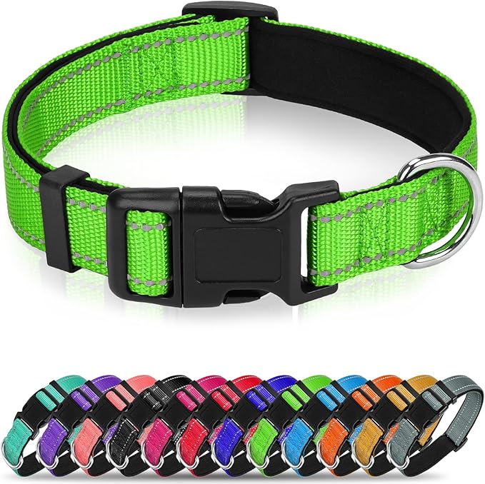 Reflective Dog Collar, Soft Neoprene Padded Nylon Pet Collar with Quick-Release Buckle, Adjustable for Large Dogs,Green,L