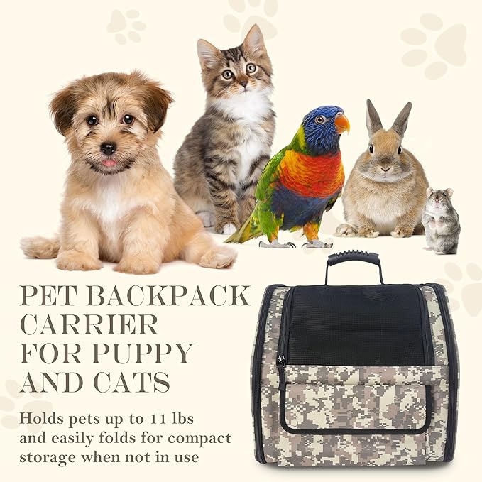 Camouflage Foldable Cat Backpack Carrier, Airline-Friendly, Cat Hiking Backpack Ventilated for Travel, Safety Tether Clip, 600D Oxford Fabric (Small Dogs/Cats)