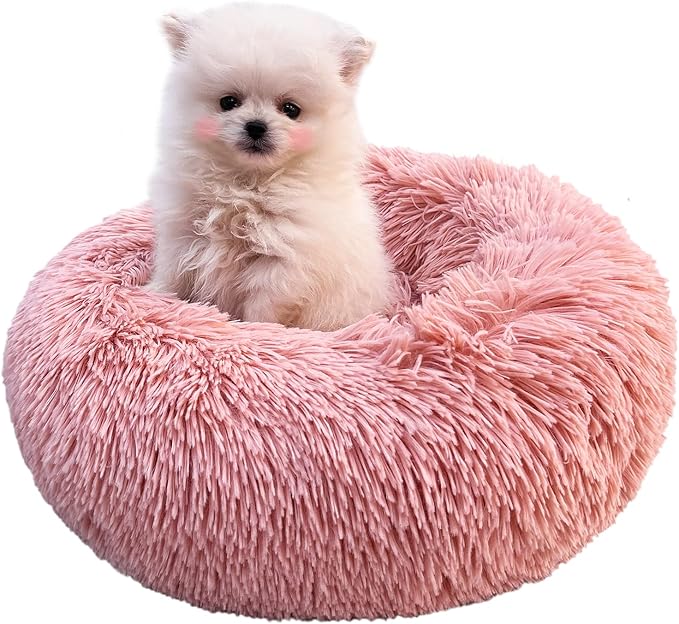 Pink Puppy Bed 15 Inch Washable, Donut Soft Small Pet Bed,Calming Anti Anxiety Round Fits up to 5 lbs Warm Comfort Pets Beds for Puppy Dogs Indoor…