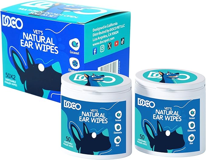 DOCO Dog Ear Cleaner Wipes Finger Cleaning Kit for Dogs & Cats Eucalyptus, Chamomile & Aloe Cat Ear Cleaner Soothes, Deodorizes & Helps Itchy Ears – 100 Count