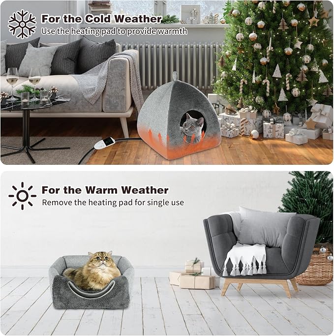 Rypet Heated Cat Bed Cave, Adjustable Temperature Heated Pet Bed Indoor with Timer and Timer, Indoor Cat Cave Bed Cat House with Removable Washable Cushioned Pillow and Chew Resistant Cord Update