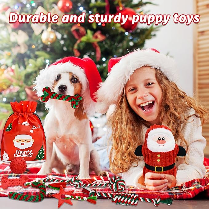 Christmas Dog Toys, 9 Pack Dog Rope Toy, Puppy Chew Toy for Teething with Gift Bag, Plush Squeaky Toy, Christmas Stocking Stuffers for Small Medium Dogs