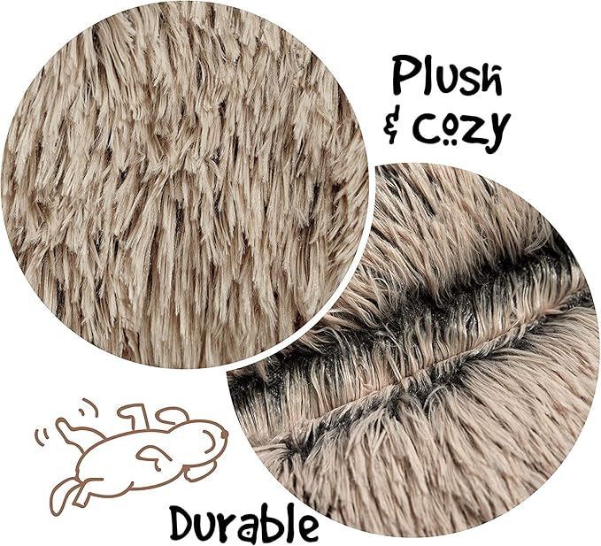 Friends Forever Donut Dog Bed Faux Fur Fluffy Calming Sofa For Large Dogs, Soft & Plush Anti Anxiety Pet Couch For Dogs, Machine Washable Coco Pet Bed with Non-Slip Bottom, 36"x36"x8" Tan