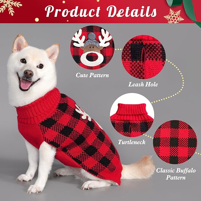 KYEESE Dog Christmas Sweater Reindeer Small Dogs Christmas Sweater Red Buffalo Check with Leash Hole Pet Sweater with Dog Christmas Outfit Pet Clothes,M