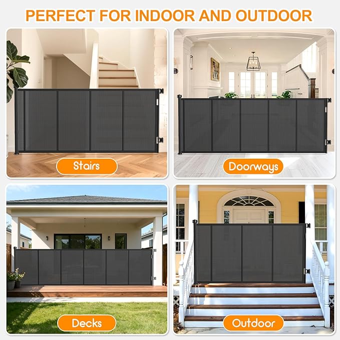 120 Inch Retractable Baby Gates Extra Wide, 41 Inch Reinforced Extra Tall Gate for Large Openings, Mesh Safety Gate for Kids Pets, Retractable Dog Gate for Stair Hallways Doorway Indoor Outdoor, Black