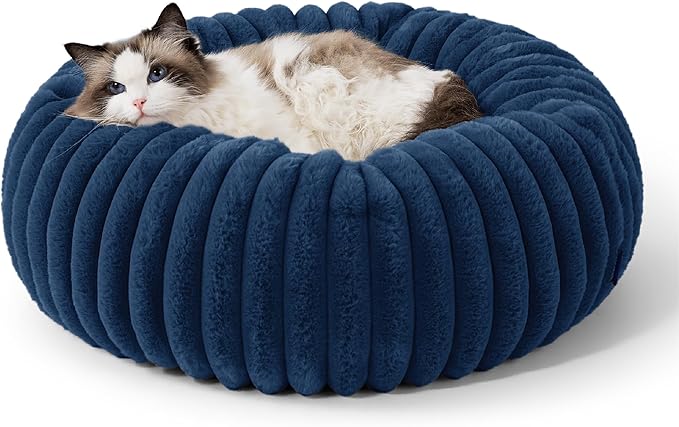Bedsure Cat beds for Indoor Cats - Donut Dog Beds for Small Dogs with Corduroy Fleece & Anti Slip Bottom, Faux Fur Pet Beds with Washable Removable Cover, Night Blue, 20x20x6 inches