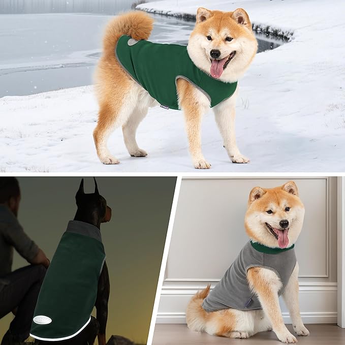 cyeollo 2 Pack Fleece Dog Sweater Stretchy Sweatshirt for Dogs Vest Lightweight Jacket with Reflective Stripe Pullover Dog Clothes XL Green & Grey
