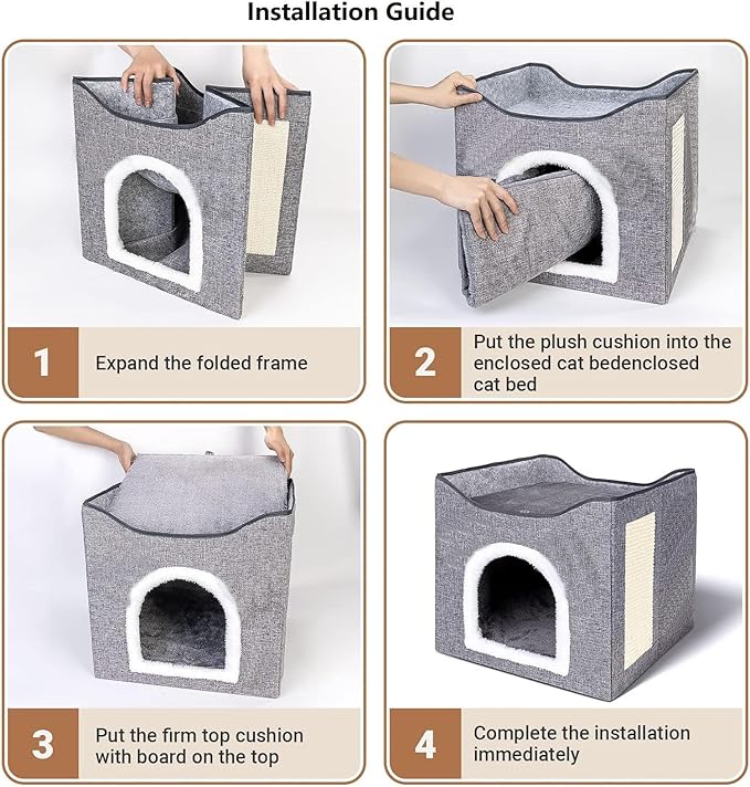 Heated Cat Bed Indoor w/ 12V Electric Heating Pad, Foldable Thermal Warming Heated Pet Bed House for Indoor Cats w/ Scratching Post, Covered Cat Cave Beds with Adjustable Temperature & Timer 16x16x15"