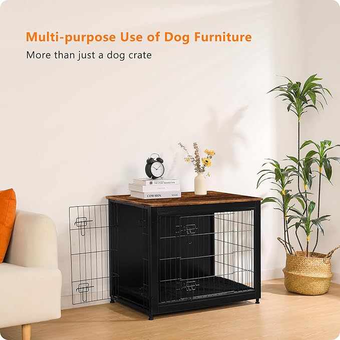 DWANTON Dog Crate Furniture with Cushion, Wooden Kennel Table with Double Doors, Indoor Dog House, Medium Size, 32.5" L, Black+Rustic Brown
