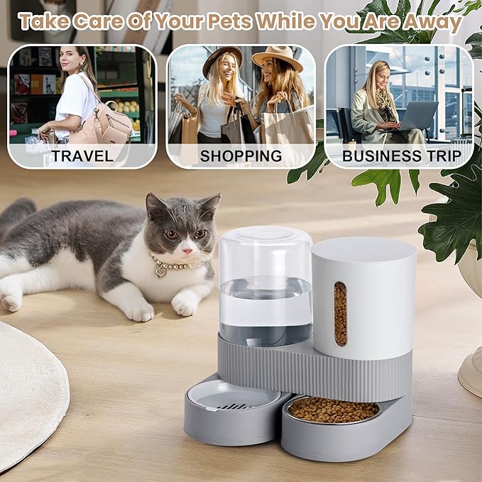 Automatic Dog Cat Water Dispenser Gravity Feeder and Water Dispenser Stainless Steel 2-in-1 Set Large Capacity Dispenser for Pets Dogs, Puppies, Kittens（Grey）