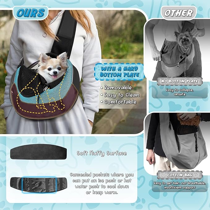 Upgraded Breathable Mesh Dog Sling Carrier for Small Dogs & Cats Up to 10 lbs- Detachable Hard Bottom, Adjustable Strap & Large Pocket - Hands-Free Pet Carrier for Travel Walking Hiking (Cyan Size S)