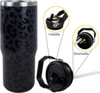 30oz Black Leopard Tumbler with Handle and Straw, Stainless Steel Vacuum Insulated Coffee Tumbler, Travel Mug Water Bottle, Leopard Stuff Accessories Decor, Leopard Gifts for Women