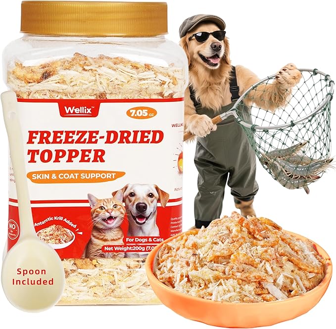Wellix Dog & Cat Food Topper - Antarctic Krill Treats Freeze Dried Egg Yolk&Chicken Flavor Low Calorie - Cognitive and Skin & Coat Support - Healthy Cat Treats for Indoor Cats