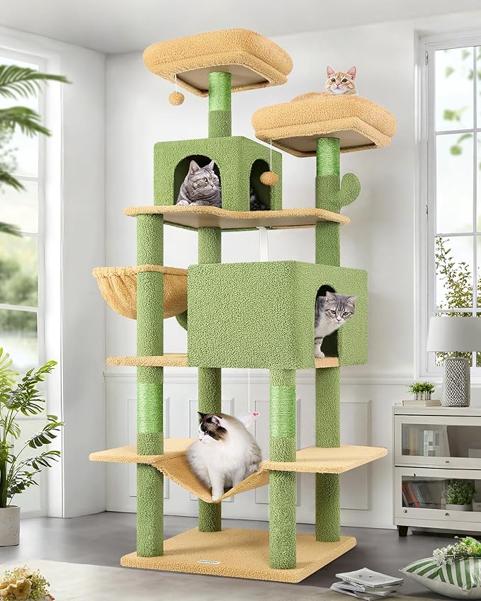 Globlazer Cactus Cat Tree Tower 76-Inch Extra Tall Multi-Level Cat Furniture with Cozy Condos,Interactive Toys and Perches for Large Cats, Perfect for Climbing, Scratching, and Play, F76, Green