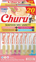 INABA Churu Cat Treats, Grain-Free, Lickable, Squeezable Creamy Purée Cat Treat/Topper with Vitamin E & Taurine, 0.5 Ounces Each Tube, 20 Tubes, Seafood Variety Box