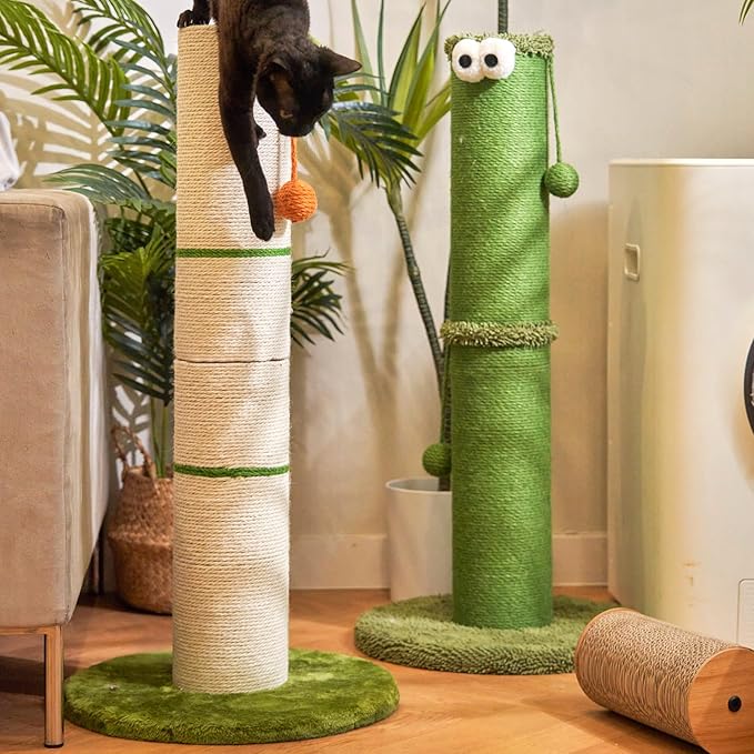 Nekosan Cat Scratching Post, 32 Inch Tall Scratching Post for Indoor Cats, 5.5 Inch Large Sisal Cat Scratcher Post, Cute Cat Scratcher with Interactive Cat Ball Toy, Protect Your Furniture, Beige