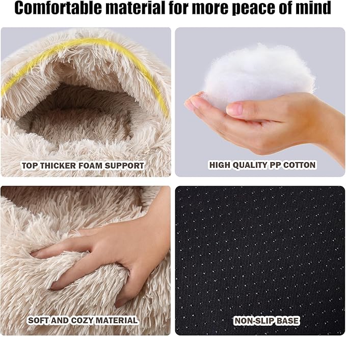 Calming Dog Beds & Cat Cave Bed with Hooded Cover,Washable Round Beds for Small Medium Pets,Anti-Slip Faux Fur Fluffy Coved Bed,Comfortable Warming Pet Bed(16 * 16inch,Beige)