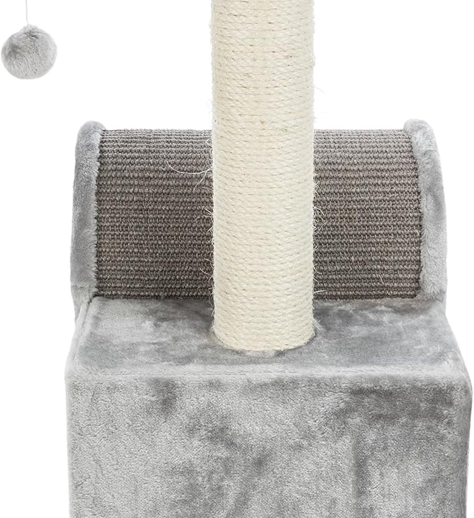 TRIXIE Tolar Cat Scratching Post 31.5 Inch - with Durable Sisal Rope and Tunnel, Condo, Platform with Removable Cushion & Dangling Cat Toy - in Gray