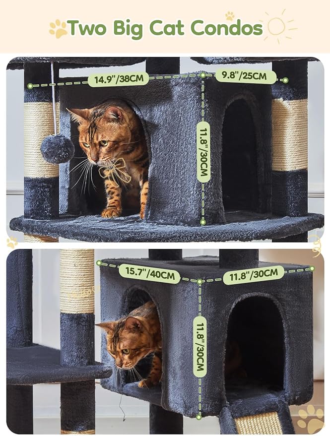 Taoqimiao 76-Inch Cat Tree with Scratching Posts,XXL Cat Tower for Large Cats with Cat Scratching Board,Extra-Large Metal Hammock,3 Perches, 2 Big Condos, Hanging Basket,MS047G,Smoke Gray