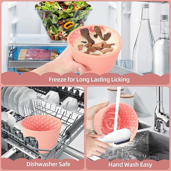 Dog Slow Feeder Lick Bowl, Non-Slip Dog Licking Treat Dispenser, Slow Feeder Bowls for Small Medium Large Breed Dogs, Anxiety Relief & Anti-Choking, BPA Free Silicone (Pink, 1.6 Cup)