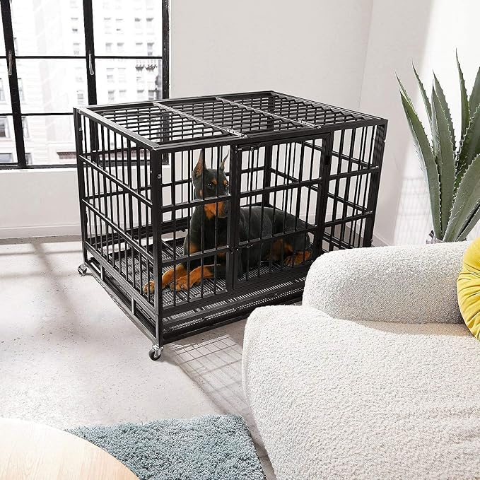 Oranland 48/38 Inch Heavy Duty Indestructible Dog Crate Cage Kennel with Wheels, High Anxiety Dog Kennel, Sturdy Locks, Double Door and Removable Tray Design, Extra Large XL Dog Crate.
