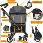 PAWZIDEA Double Pet Stroller with 2 Detachable Carriers, Portable Dog Crate for Car Travel & TSA-Approved Expandable Cat Carrier, Foldable Lightweight Jogger Stroller for 2–4 Cats or Small/Medium Dogs