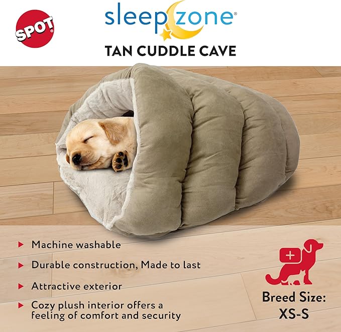 SPOT Sleep Zone Cuddle Cave - Cat Cave Bed for Indoor Cats and Mini Dogs, Durable, Comfortable, Washable for Kittens and Puppies Under 10 lbs and 12 inches Long, Tan Color