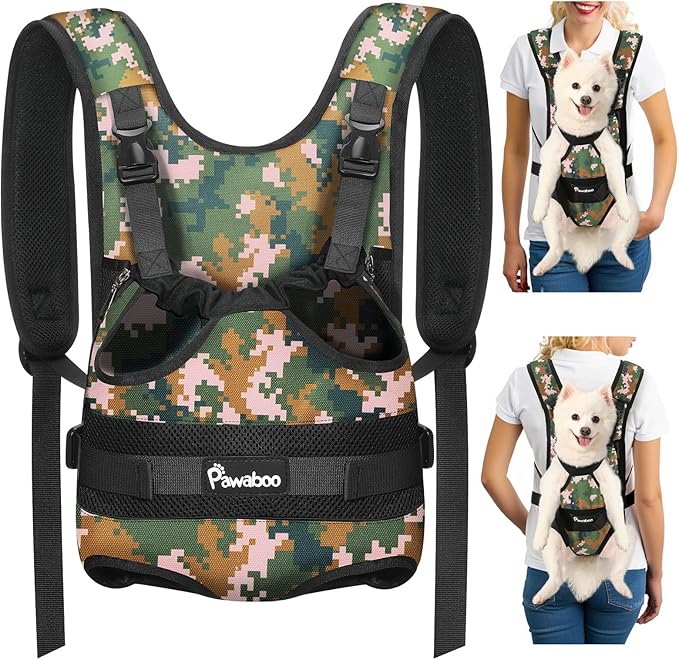 Pawaboo Pet Dog Front Carrier Backpacks, Legs Out Pet Carrier Backpack for Dogs, Adjustable Easy-fit Dog Chest Carriers for Small Medium Dogs Hands Free for Travel Hiking Cycling Camping, L, Camo