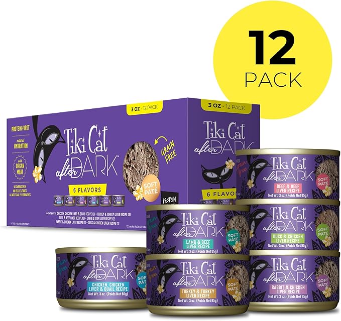 Tiki Cat After Dark Pâté, Variety Pack, High-Protein and 100% Non-GMO Ingredients, Wet Cat Food for Adult Cats, 3 oz. Cans (Pack of 12)