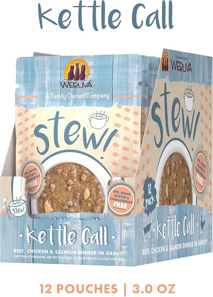 Weruva Classic Cat Stews!, Kettle Call with Beef, Chicken & Salmon in Gravy, 3oz Pouch (Pack of 12)