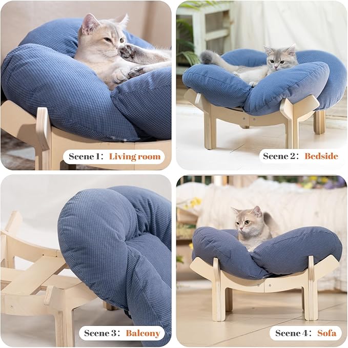 CHEERHOME PETS Elevated Cat Bed Wooden with Cushion Fluffy Pet Couch Sofa for Indoor Cats Raised Kitty Lounge Chair Suitable for Puppy, Cat Furniture(Deep Blue)