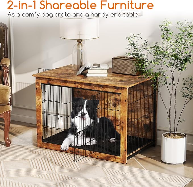 PETSITE Dog Crate Furniture for Medium/Large Dogs, 39" Indoor Pet House Side End Table w/Cushion, Double Doors, Heavy-Duty Chew-Resistant Wood Metal Dog Kennel up to 70 LBS (39 x 26 x 27 Inches)