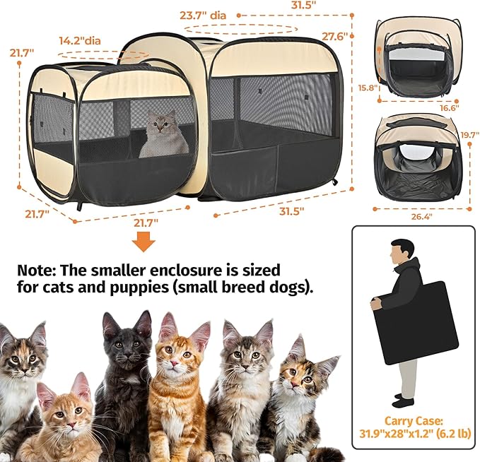 2-in-1 Portable Cat Playpen, Pop up Pet Kennel Play Pen Cat Tent House Cage, Foldable Puppy Enclosure Kitten Crates Indoors Outdoor(Beige)(No Divider, Pass-Through)