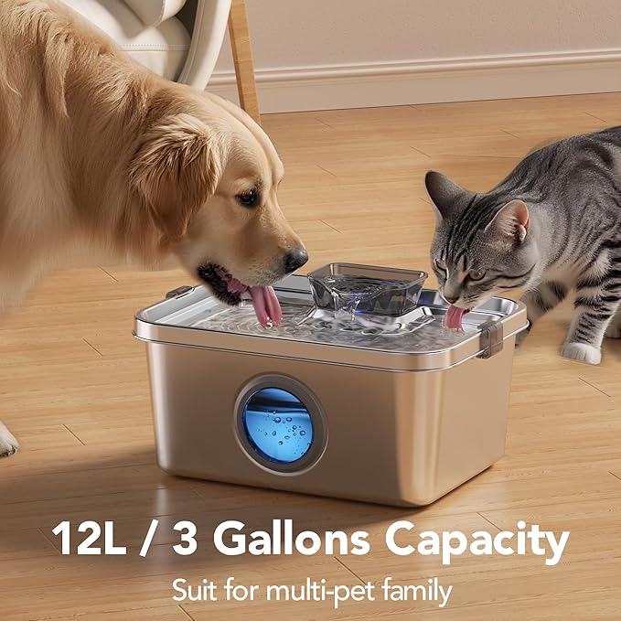 Dog Water Fountain, 3 Gallons Stainless Steel Dog & Cat Water Fountain, Large Pet Water Fountain for Multiple Pets, Ultra Silent, Wide Mouth, Safety Lock, 3 Filters Included, Smart Water Pump